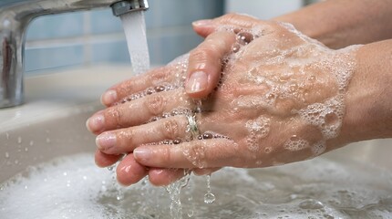 Fototapeta premium Washing Hands with Soap: Hygiene, Cleansing in Bathroom