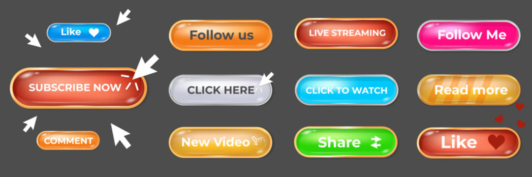 Call to action button set with glossy 3D design. Horizontal vector collection for social media marketing, websites, and mobile application user interface templates.