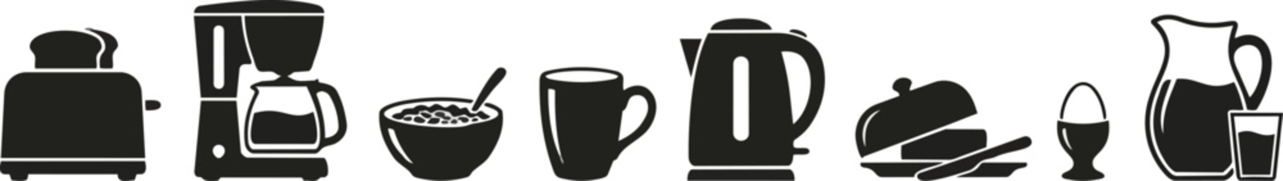 Black and white kitchen appliance silhouettes featuring a toaster coffee maker cereal bowl mug kettle butter dish boiled egg and glass pitcher for a modern breakfast themed vector graphic design.