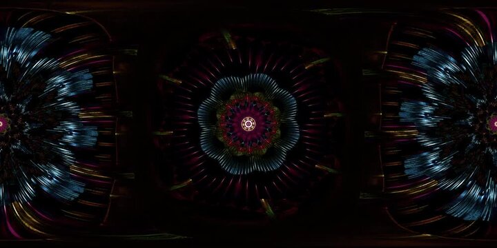 Immersive sacred geometry mandala VR 360 loop rendered as equirectangular environment map and HDRI spherical projection, built for dome spaces, metaverse scenes and VJ rituals
