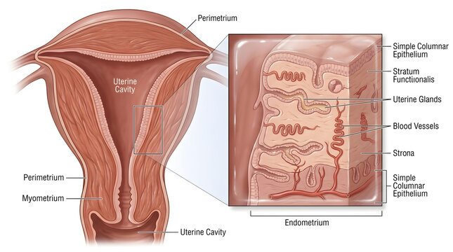 Uterus and Endometrium: Frontal Section with Enlarged Histology Inset Showing Simple Columnar Epithelium, Stratum Functionalis, Uterine Glands, Stroma, Blood Vessels, Myometrium and Perimetrium for Un