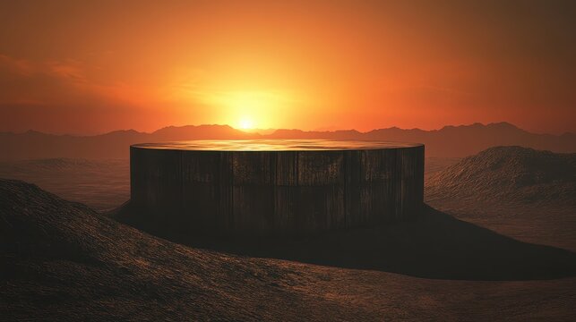 Arid landscape with a nearly empty water tank under a dramatic desert sunset, highlighting global water scarcity.