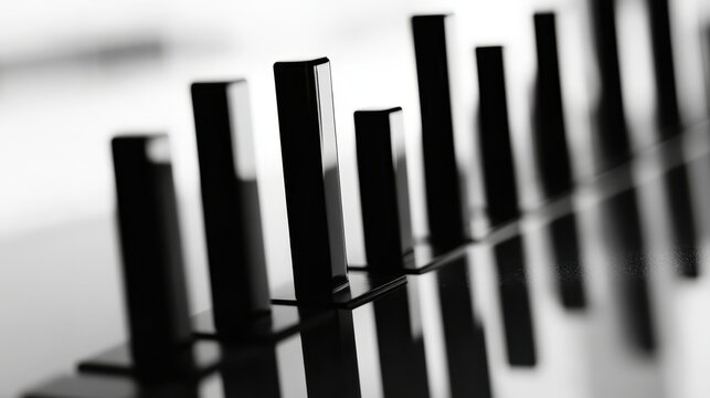 Close-up view of glossy black piano keys reflecting on a sleek surface