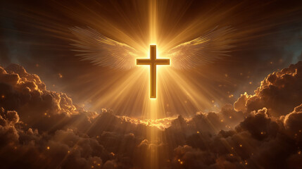 Obraz premium Golden cross in radiant sky above cloud, spiritual symbol with angel wing and sun ray, glowing faith, heaven, religion, worship