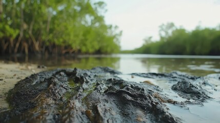 Obraz premium Close-up of textured mud near a calm waterway within a lush, vibrant mangrove forest, showcasing the delicate balance of nature under environmental stress.