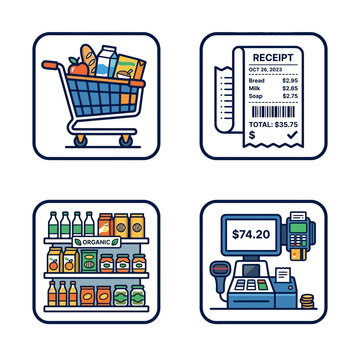 Illustrated shopping and grocery store items.