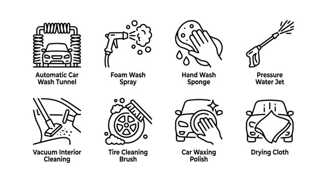 Set of car wash icons, vector illustration for auto detailing service