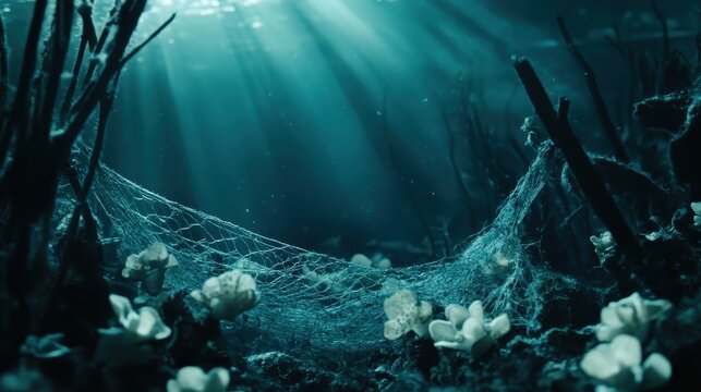 Discarded fishing nets ensnaring delicate coral reefs in the ocean's deep blue, highlighting the pervasive threat of marine pollution and its devastating impact on underwater ecosystems.