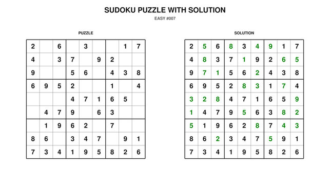 Sudoku Puzzle with Solution, Printable Logic Game, Easy Level #007
