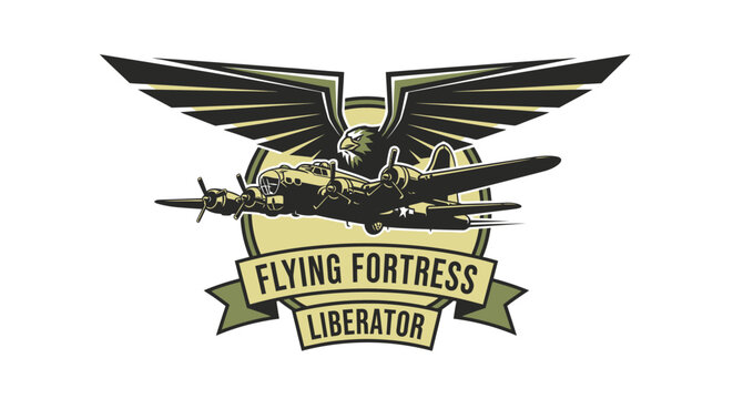 Vintage style emblem with a B17 Flying Fortress bomber aircraft and wings.