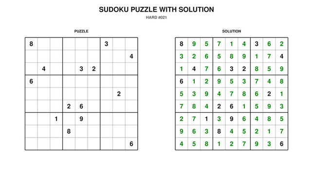Sudoku Puzzle with Solution, Printable Logic Game, Hard Level #021