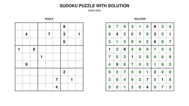 Sudoku Puzzle with Solution, Printable Logic Game, Hard Level #023