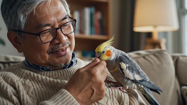 A cheerful older man is gently petting a cockatiel that is perched on his shoulder while sitting comfortably on a couch indoors.