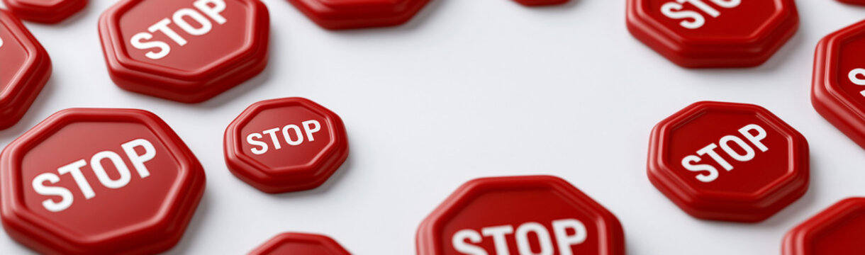 Numerous Red Stop Signs Scattered: A collection of octagonal red stop signs with the word STOP in white letters are scattered across a clean surface, visually representing caution and prohibition.