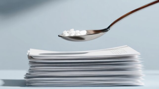 A metal spoon holds a small pile of white pills over a stack of white documents, suggesting a medical or bureaucratic theme