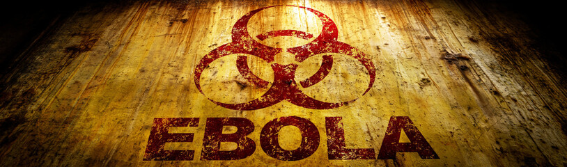Naklejka na ściany i meble Ebola Warning Symbol: A stark and ominous biohazard symbol emblazoned with the word EBOLA on a weathered, distressed wooden surface, conveying a message of danger and warning.