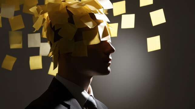 A man's head is covered with sticky notes, representing a overwhelmed or forgetful mind. The sticky notes are yellow and scattered, some are in focus, some are blurred. He is wearing a suit and tie.