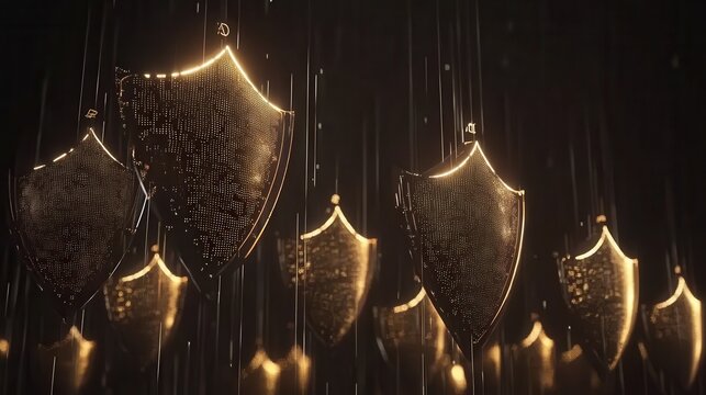 Digital Shields Protecting a Secure Network from Cyber Threats with Golden Glow and Falling Particles