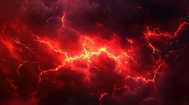 Fiery red and orange storm clouds with intense lightning creating a powerful dramatic sky atmosphere