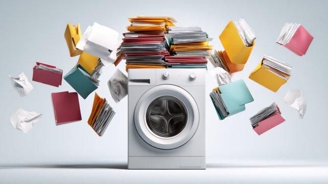 A washing machine with a pile of folders and papers flying out of it