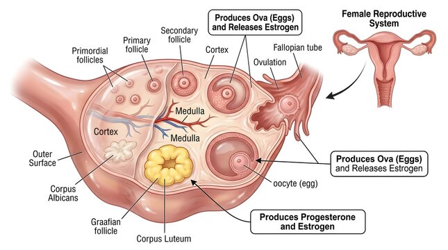 Ovary Cross‑Section and Female Reproductive System: Detailed Illustration of Primordial to Graafian Follicles, Oocyte Development, Corpus Luteum and Albicans, Ovarian Cortex and Medulla Producing Ova,