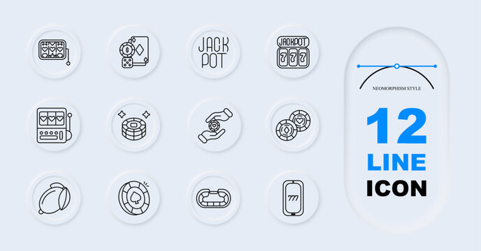 Casino gambling set icon. Line style icons display slot machine, playing cards, jackpot text, slot reels, machine front, chips stack, hand coin, poker chips, roulette wheel, poker table, ring chips