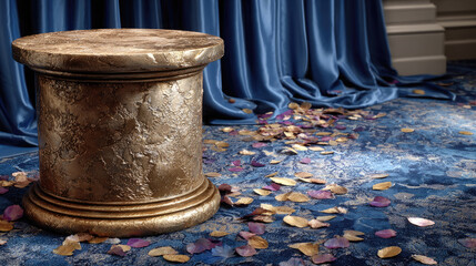 Naklejka premium Elegant Still Life Ornate Stool Amidst Scattered Petals and Blue Drapery.