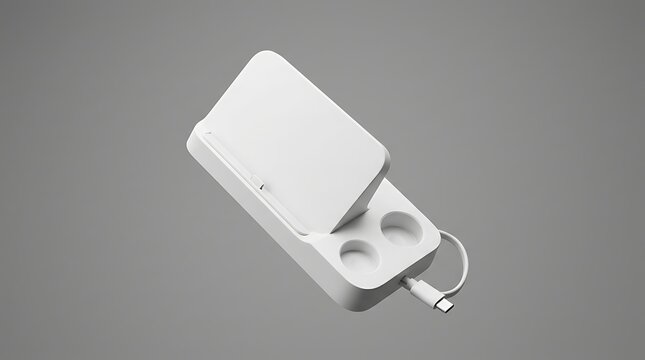 Isolated white plastic multi device charging station with dock for smartphone and watch cable management desktop tidy