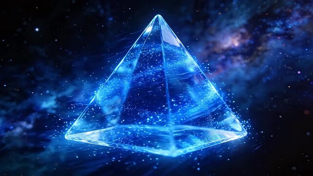 Transparent pyramid crystal with glowing particles in deep space background