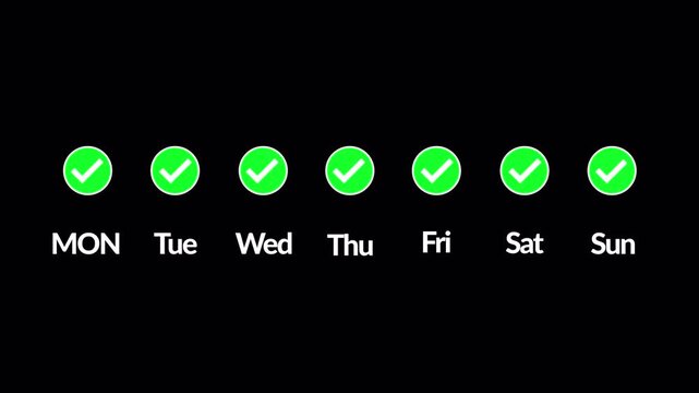  weekly habit tracker showing green check marks filling in for every day from Monday to Sunday in 4K animation weekly seven days animation with alpha channel on transparent background 