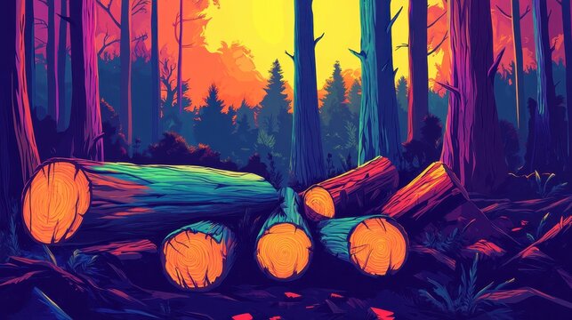 Felled trees and vibrant forest backdrop depicting deforestation and the ongoing cycle of logging and potential reforestation efforts.