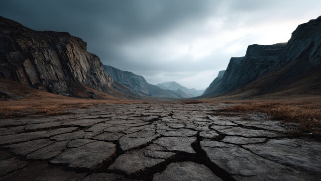 Barren rocky valley cracked ground mountain range overcast sky wide landscape dramatic scene desolate terrain dry riverbed stone surface remote wilderness valley mountain cliff rock ground crack