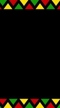 Juneteenth Pan-African colors geometric triangle border frame on black background with copy space.
