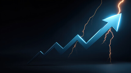 Fototapeta premium Blue arrow upward arrow lightning dark background growth chart increase business success financial growth rising trend