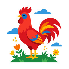 A colorful rooster stands on a grassy hill with bright flowers © Xavier