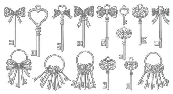 Set of vintage ornate keys with decorative bows and heart shapes in antique style for lockets and journals isolated on white background vector collection.