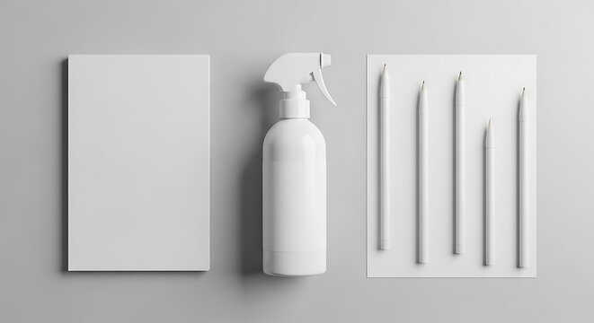 Isolated white plastic spray bottle with blank label alongside paper sheets and stationery items for branding mockup