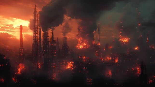 Industrial cityscape ablaze with dramatic fiery emissions under a dark, smoky sky
