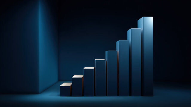 Abstract rising bar graph showing compound interest growth in dark blue room, financial growth, upward trend, 3D render