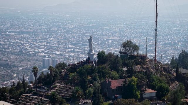 4K aerial drone footage of cerro San Cristobal peak in Santiago de Chile