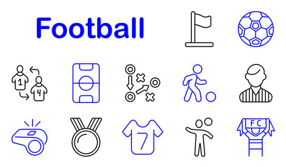 Football sport set icon. Line style icons display corner flag, soccer ball, player substitution, field plan, tactic scheme, dribbling player, referee official, whistle tool, medal award, jersey number © Anastasia