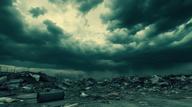 Illegal dumping site with massive piles of waste and discarded items under a dramatic, cloudy sky with an urban backdrop.