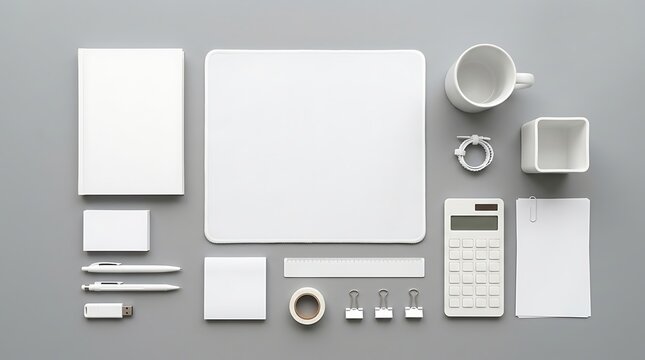 Top view of blank stationery office desk supplies mockup with mouse pad notepad mug pen calculator branding identity layout