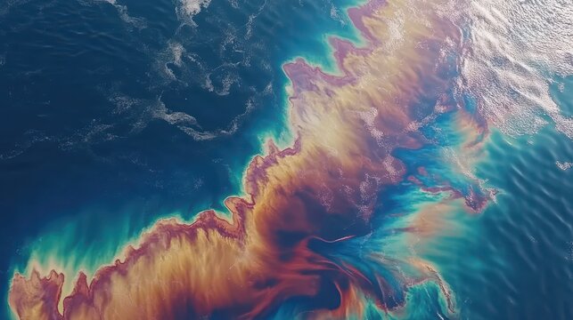 Iridescent Oil Slick Reflection on Polluted Harbor Water Surface