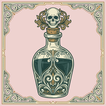 An ornate glass bottle with a skull stopper on pink background