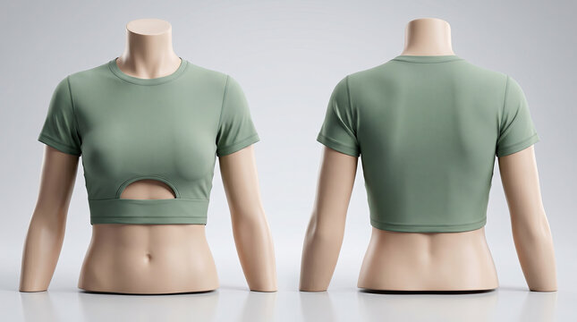 A mannequin displays a sage green cropped top with a cutout, shown from front and back views.