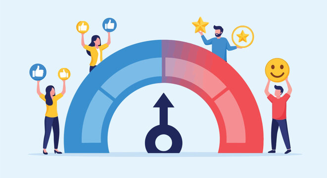 Customer satisfaction meter with people holding feedback icons like thumbs up stars and smiley face showing positive and negative ratings on scale.