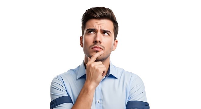 Young man in a blue shirt looking thoughtful with his hand on his chin