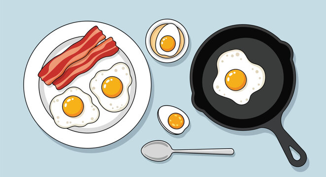 Breakfast scene with fried eggs bacon and boiled eggs on plate and in pan with spoon overhead view flat lay food photography for morning meal.