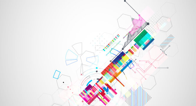 Abstract colorful background with different tech elements and lines. Color chaos. Vector illustration.
